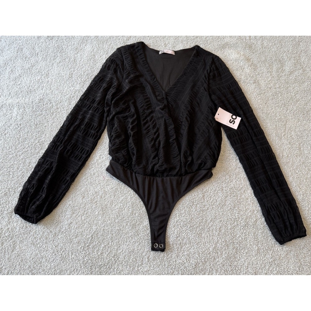 NWT - SO Black Bodysuit Sheer Balloon Sleeves Crossover Front KOHLS Womens Small